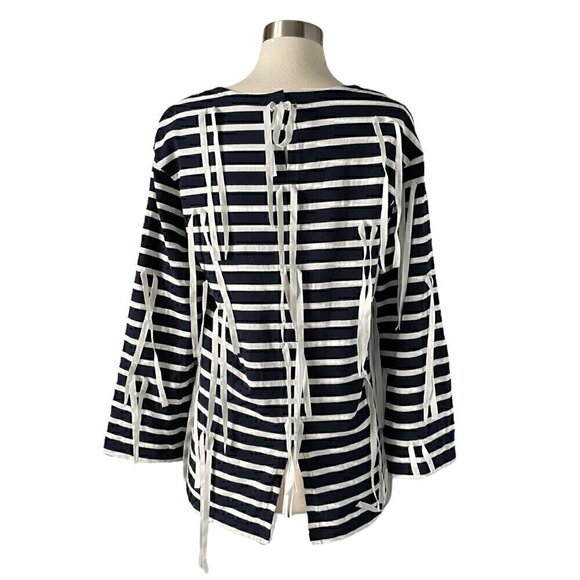 Goen.J Ribbon Stripe Top Small Navy White Oversized Cotton Blouse - Picture 4 of 8